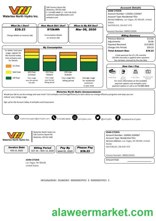 USA Nevada Waterloo North Hydro utility bill template in Word and PDF format (version 2)